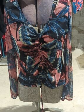 Daytrip Pink & Blue Floral Ruched Long-Sleeve Mesh Top